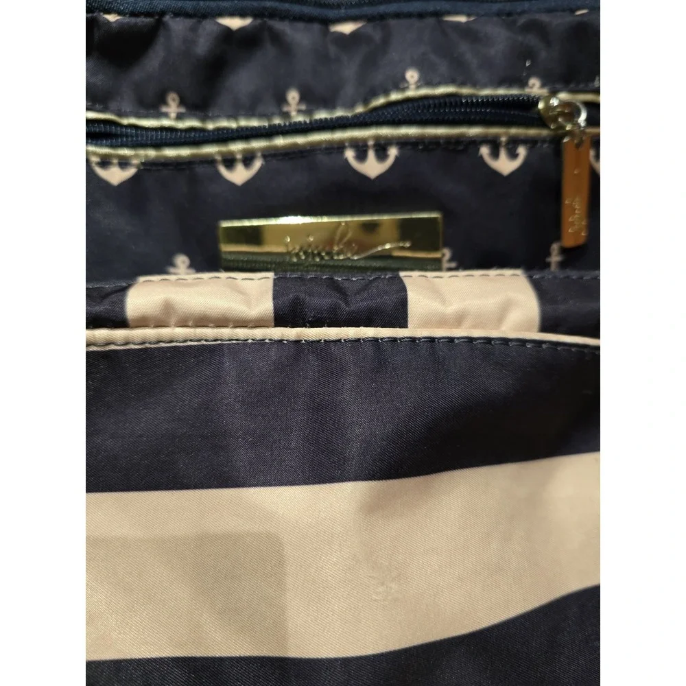 JuJuBe Commodore Tan Navy Size Large Nautical Anchor Stripes Diaper Bag Travel